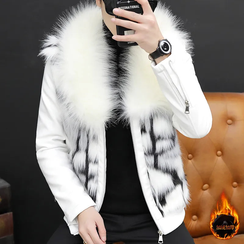 Men's Cool Faux Fur Collar PU Leather Coat