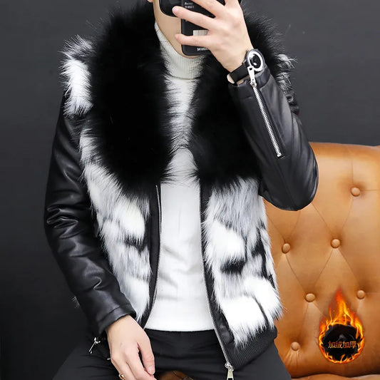 Men's Cool Faux Fur Collar PU Leather Coat