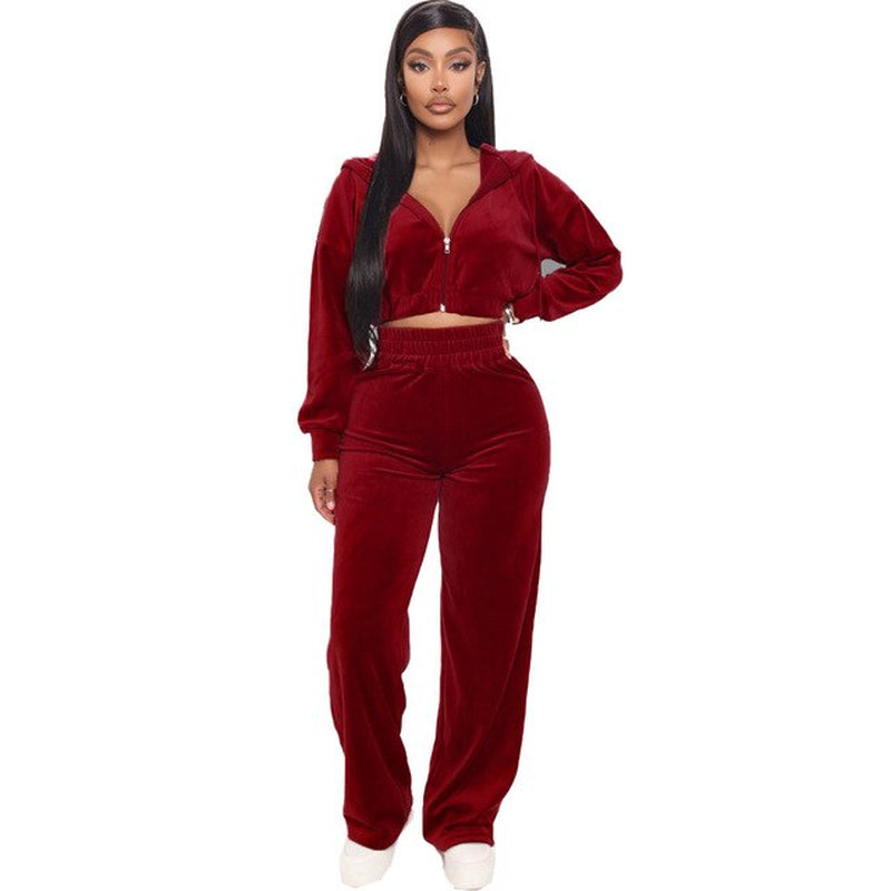 Velvet Crop Top Hoodie Tracksuit