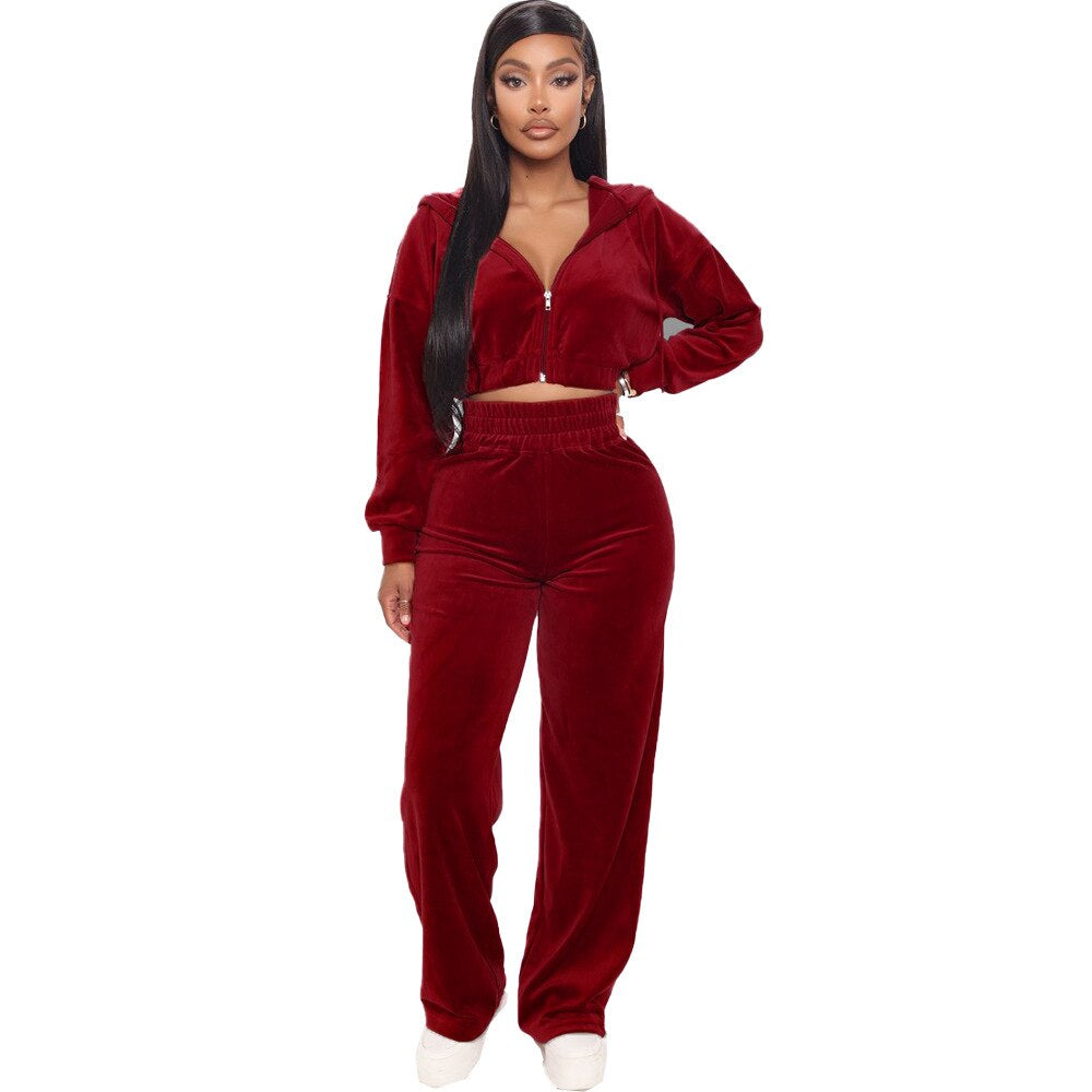 Velvet Crop Top Hoodie Tracksuit