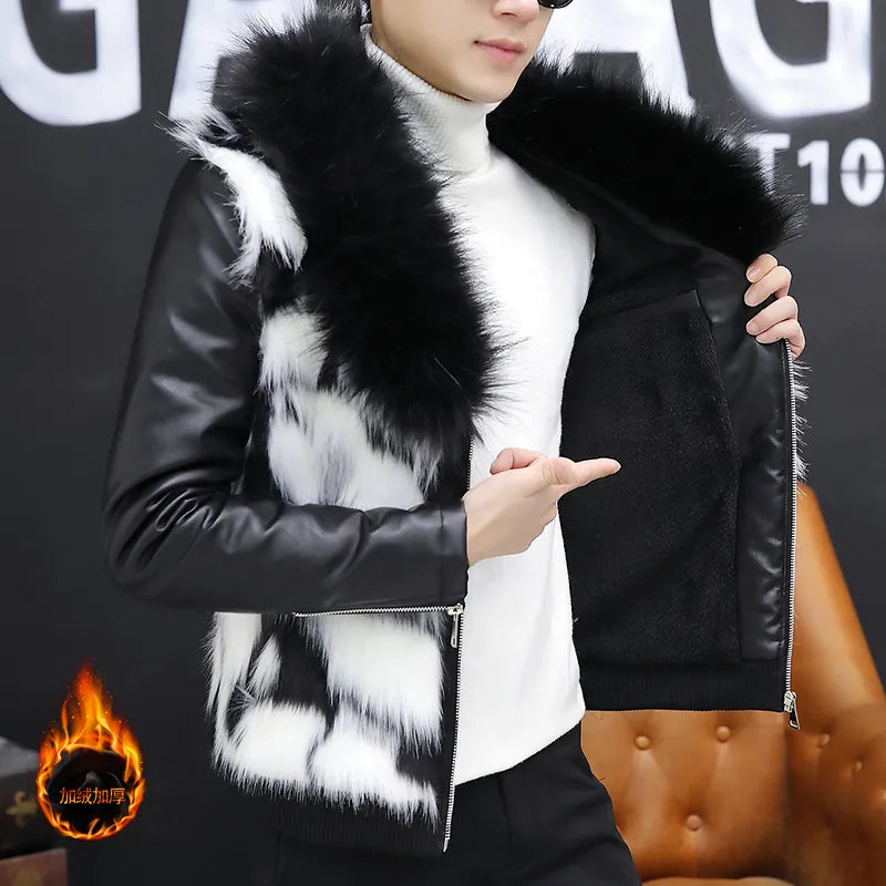 Men's Cool Faux Fur Collar PU Leather Coat