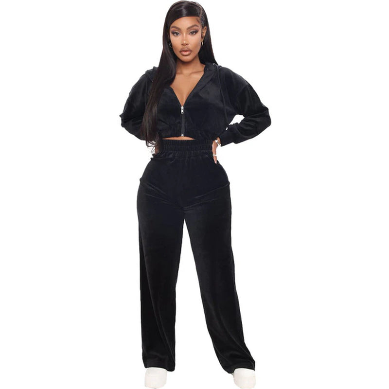 Velvet Crop Top Hoodie Tracksuit