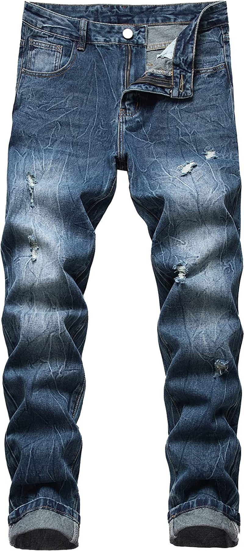 Mens Ripped Jeans, Distressed Destroyed Slim Fit Straight Leg Denim Pants