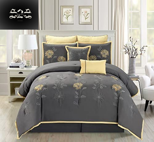 7-Piece Oversize Grey/Yellow Sunflower Embroidered Comforter Set and Matching Curtains (Curtains Sold Separately)