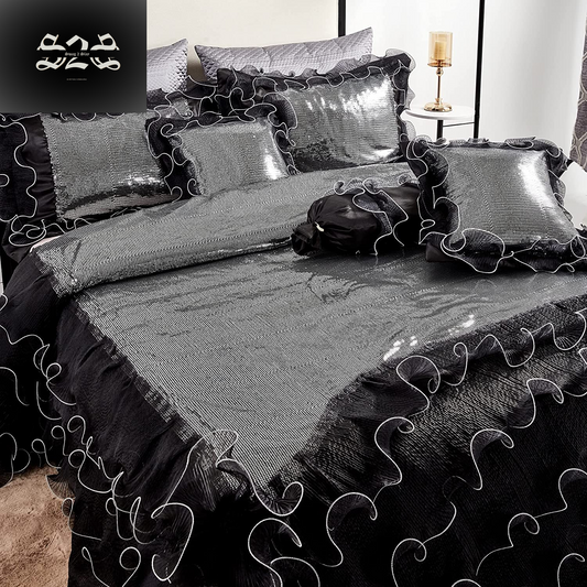 Black Silver Ruffled and Luxury Elegant Embellished Sequin Bedding Set (6 Piece), Queen